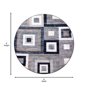 English Elm Geometric 8' x 8' , Grey, and White Round Olefin Area Rug with Cotton Backing, Living Room, Bedroom