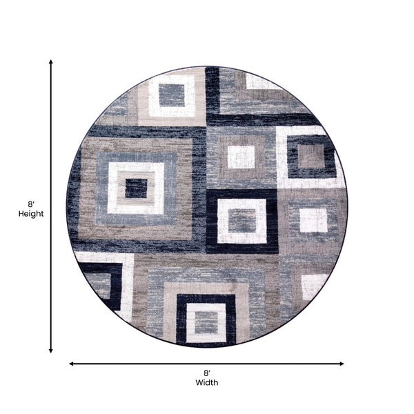 English Elm Geometric 8' x 8' , Grey, and White Round Olefin Area Rug with Cotton Backing, Living Room, Bedroom