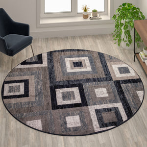 English Elm Geometric 8' x 8' , Grey, and White Round Olefin Area Rug with Cotton Backing, Living Room, Bedroom