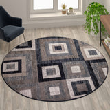 English Elm Geometric 8' x 8' , Grey, and White Round Olefin Area Rug with Cotton Backing, Living Room, Bedroom