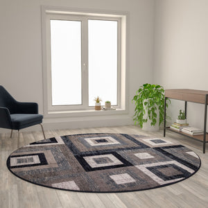 English Elm Geometric 8' x 8' , Grey, and White Round Olefin Area Rug with Cotton Backing, Living Room, Bedroom