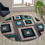 English Elm Geometric 8' x 8' , Grey, and White Round Olefin Area Rug with Cotton Backing, Living Room, Bedroom