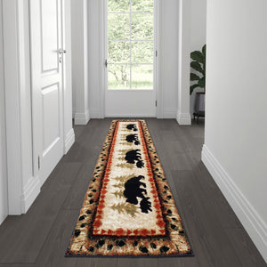 English Elm 2' x 7' Rustic Lodge Wandering Black Bear and Cub Area Rug with Jute Backing