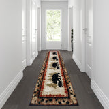 3' x 10' Rustic Lodge Wandering Black Bear and Cub Area Rug with Jute Backing