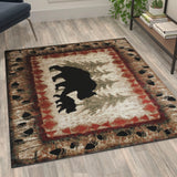 English Elm 4' x 5' Rustic Lodge Wandering Black Bear and Cub Area Rug with Jute Backing