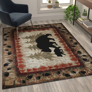 English Elm 5' x 7' Rustic Lodge Wandering Black Bear and Cub Area Rug with Jute Backing