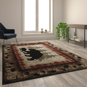 English Elm 6' x 9' Rustic Lodge Wandering Black Bear and Cub Area Rug with Jute Backing