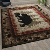 English Elm 8' x 10' Rustic Lodge Wandering Black Bear and Cub Area Rug with Jute Backing