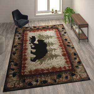 English Elm 8' x 10' Rustic Lodge Wandering Black Bear and Cub Area Rug with Jute Backing