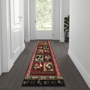 English Elm 2' x 7' Rooster Themed Olefin Area Rug with Jute Backing for Kitchen, Living Room, Bedroom