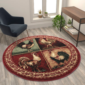 English Elm 6' x 6' Round Rooster Themed Olefin Area Rug with Jute Backing for Kitchen, Living Room, Bedroom
