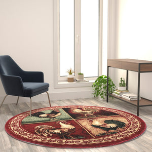 English Elm 6' x 6' Round Rooster Themed Olefin Area Rug with Jute Backing for Kitchen, Living Room, Bedroom