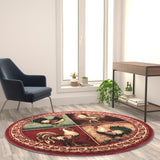 6' x 6' Round Rooster Themed Olefin Area Rug with Jute Backing for Kitchen, Living Room, Bedroom