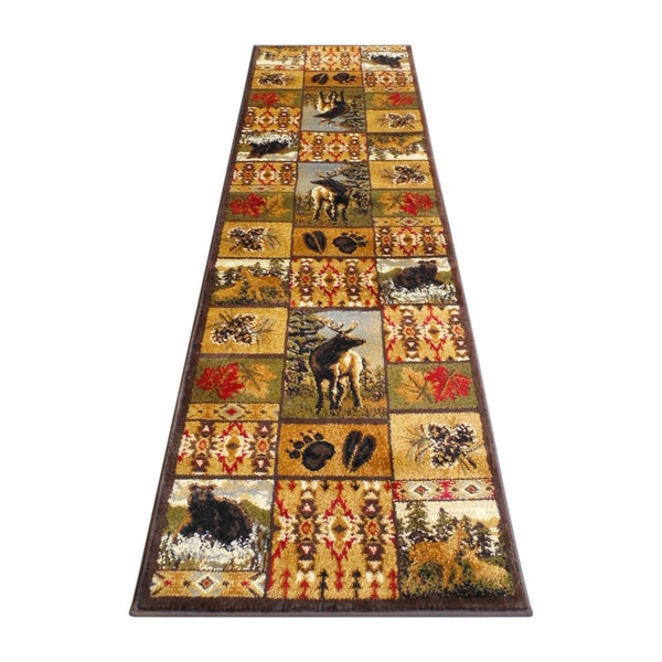 English Elm Beige 2' x 7' Wilderness Bear and Moose Area Rug with Jute Backing for Indoor Use