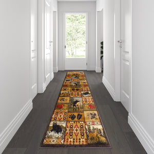 English Elm Beige 2' x 7' Wilderness Bear and Moose Area Rug with Jute Backing for Indoor Use