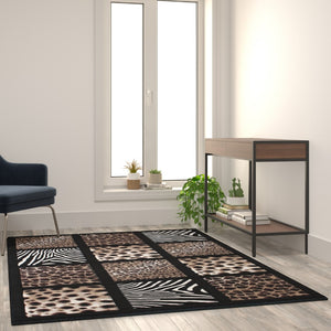 English Elm 5' x 7' Modern Animal Print Olefin Area Rug with Cheetah, Leopard, Zebra and Giraffe Design Raised Squares