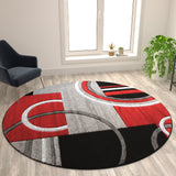 Geometric Round Area Rug 8' - Red, Gray, Black - Stain-Resistant Olefin - Durable Jute Backing