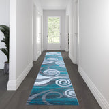 Modern 3' x 16' Turquoise Swirl Area Rug for Indoor Use, Stain-Resistant Olefin