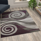 Modern 4' x 5' Purple Swirl Olefin Area Rug - Stain-Resistant, Non-Shedding, Jute Back