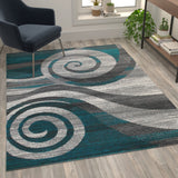 English Elm 5' x 7' Swirl Patterned Olefin Area Rug with Jute Backing for Entryway, Living Room, Bedroom