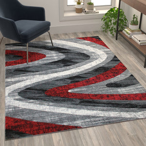 English Elm 5' x 7' Wave Patterned Olefin Area Rug with Jute Backing for Entryway, Living Room, Bedroom