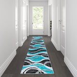 Modern 2' x 11' Turquoise Area Rug, Stain Resistant, Jute Backing - Entryway & Living Room