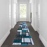 Contemporary 2' x 11' Turquoise Color Block Area Rug with Jute Backing