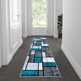 Modern 2' x 7' Turquoise Color Block Rug with Jute Backing