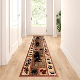 English Elm 2' x 7' Mother Bear & Cubs Nature Themed Olefin Area Rug with Jute Backing for Entryway, Living Room, Bedroom