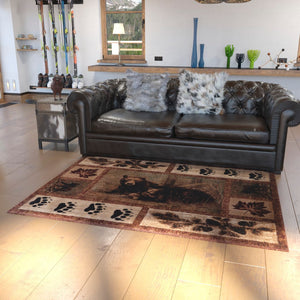 English Elm 5' x 7' Mother Bear & Cubs Nature Themed Olefin Area Rug with Jute Backing for Entryway, Living Room, Bedroom