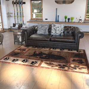 English Elm 6' x 9' Mother Bear & Cubs Nature Themed Olefin Area Rug with Jute Backing for Entryway, Living Room, Bedroom