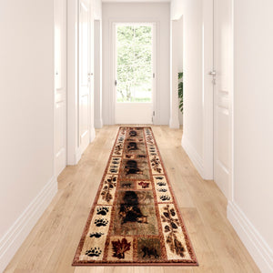 English Elm 2' x 11' Mother Bear & Cubs Nature Themed Olefin Area Rug with Jute Backing for Entryway, Living Room, Bedroom