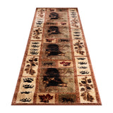 English Elm 2' x 11' Mother Bear & Cubs Nature Themed Olefin Area Rug with Jute Backing for Entryway, Living Room, Bedroom