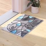 Modern Abstract 2' x 3' Area Rug - Blue & Gray Design, Olefin with Jute Backing