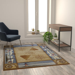 English Elm Nautical Themed 5' x 7' Area Rug with Jute Backing for Living Room, Bedroom, Entryway