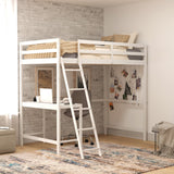 English Elm Loft Bed Frame with Desk, Twin Size Wooden Bed Frame with Protective Guard Rails & Ladder for Kids and Teens -