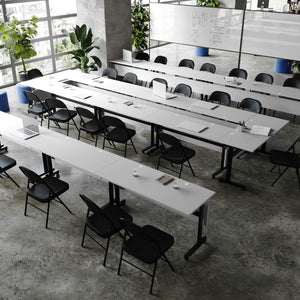 English Elm Commercial Grade Commercial Grade 60" x 24" Heavy-Duty Nesting Flip Training Table with T-Legs, Modesty Panel, 1" Thick Tabletop, and Black Steel Frame