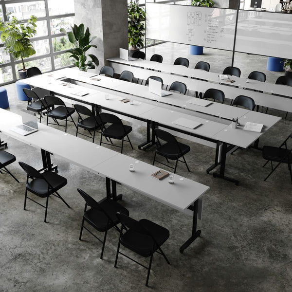 English Elm Commercial Grade Commercial Grade 60" x 24" Heavy-Duty Nesting Flip Training Table with T-Legs, Modesty Panel, 1" Thick Tabletop, and Black Steel Frame