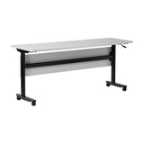 English Elm Commercial Grade Commercial Grade 60" x 24" Heavy-Duty Nesting Flip Training Table with T-Legs, Modesty Panel, 1" Thick Tabletop, and Black Steel Frame