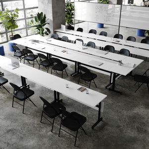 English Elm Commercial Grade Commercial Grade 60" x 24" Heavy-Duty Nesting Flip Training Table with T-Legs, Modesty Panel, 1" Thick Tabletop, and Black Steel Frame