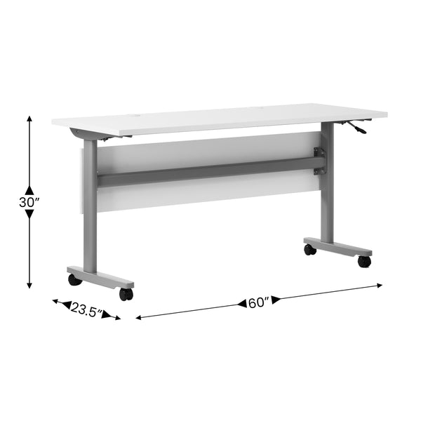 English Elm Commercial Grade Commercial Grade 60" x 24" Heavy-Duty Nesting Flip Training Table with T-Legs, Modesty Panel, 1" Thick Tabletop, and Gray Steel Frame