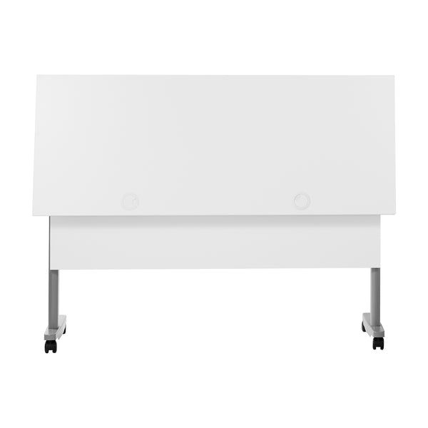 English Elm Commercial Grade Commercial Grade 60" x 24" Heavy-Duty Nesting Flip Training Table with T-Legs, Modesty Panel, 1" Thick Tabletop, and Gray Steel Frame