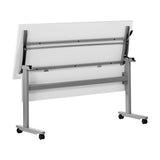 English Elm Commercial Grade Commercial Grade 60" x 24" Heavy-Duty Nesting Flip Training Table with T-Legs, Modesty Panel, 1" Thick Tabletop, and Gray Steel Frame