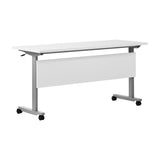 English Elm Commercial Grade Commercial Grade 60" x 24" Heavy-Duty Nesting Flip Training Table with T-Legs, Modesty Panel, 1" Thick Tabletop, and Gray Steel Frame