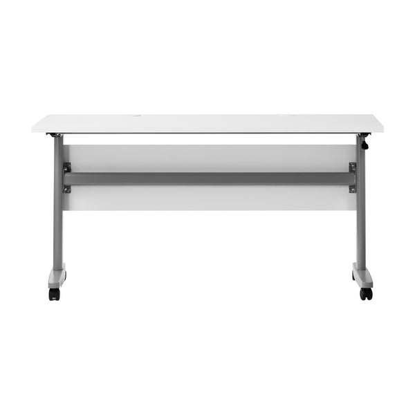 English Elm Commercial Grade Commercial Grade 60" x 24" Heavy-Duty Nesting Flip Training Table with T-Legs, Modesty Panel, 1" Thick Tabletop, and Gray Steel Frame