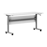 English Elm Commercial Grade Commercial Grade 60" x 24" Heavy-Duty Nesting Flip Training Table with T-Legs, Modesty Panel, 1" Thick Tabletop, and Gray Steel Frame