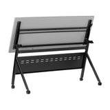 English Elm Commercial Grade Commercial Grade 60" x 24" Heavy-Duty Nesting Flip Training Table with Y-Legs, Modesty Panel, 1" Thick Tabletop, and Black Steel Frame