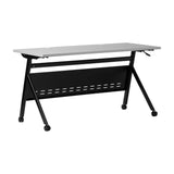 English Elm Commercial Grade Commercial Grade 60" x 24" Heavy-Duty Nesting Flip Training Table with Y-Legs, Modesty Panel, 1" Thick Tabletop, and Black Steel Frame