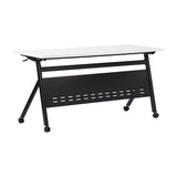 English Elm Commercial Grade Commercial Grade 60" x 24" Heavy-Duty Nesting Flip Training Table with Y-Legs, Modesty Panel, 1" Thick Tabletop, and Black Steel Frame