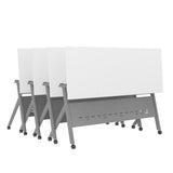 English Elm Commercial Grade Commercial Grade 60" x 24" Heavy-Duty Nesting Flip Training Table with Y-Legs, Modesty Panel, 1" Thick Tabletop, and Gray Steel Frame